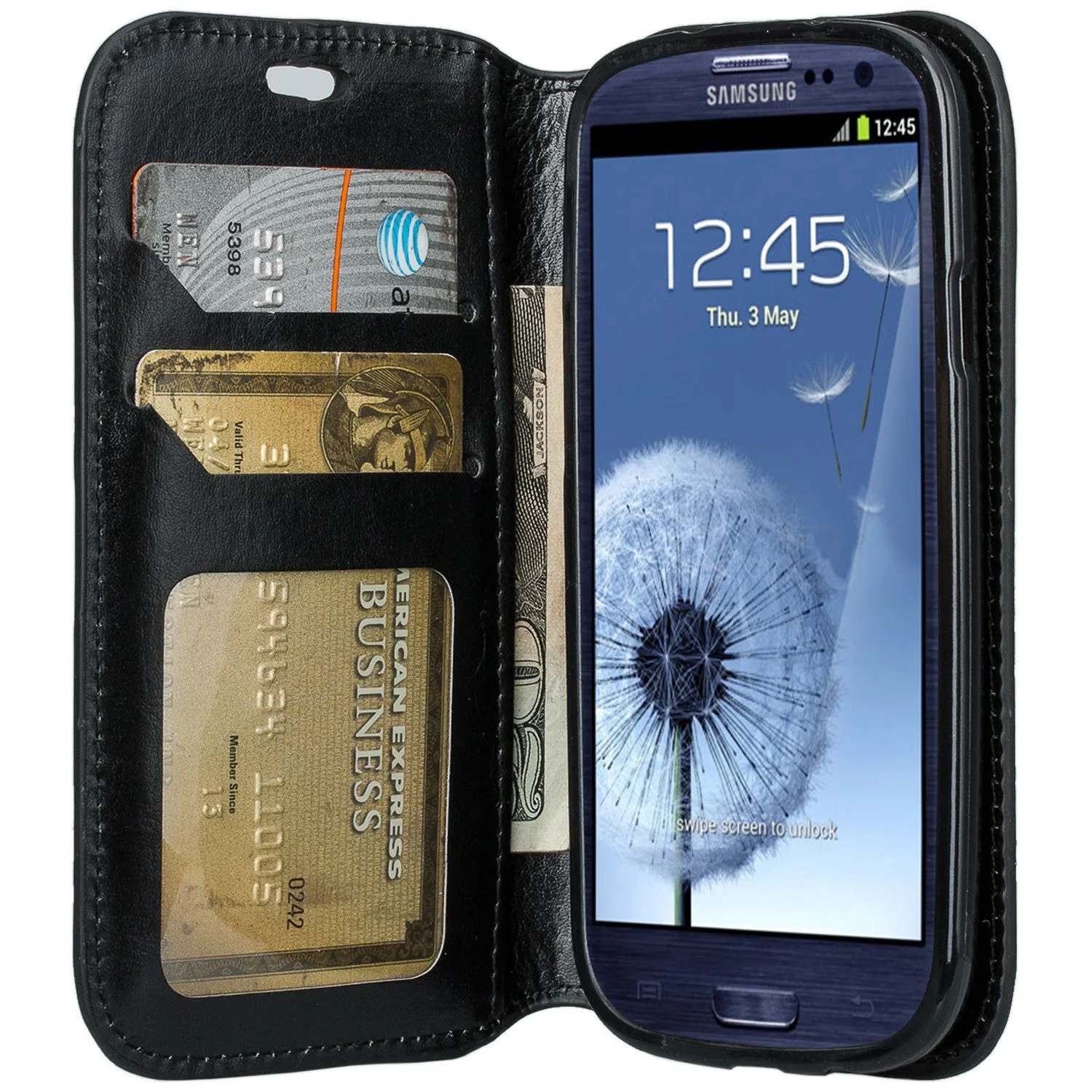 Samsung Galaxy S3 Case, Wrist Strap Magnetic Fold[Kickstand] Pu Leather Wallet Case with ID & Credit Card Slots for Samsung Galaxy S3 - Black