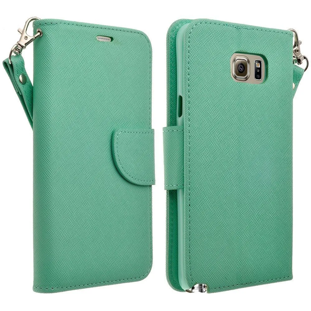 Samsung Galaxy S6 Edge Plus Case, Wrist Strap Magnetic Flip Fold[Kickstand] Pu Leather Wallet Case with ID & Card Slots - Teal