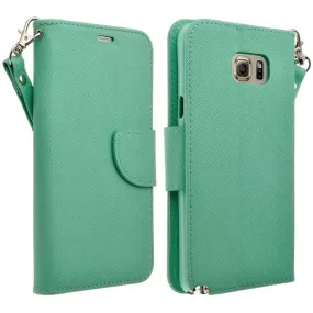 Samsung Galaxy S6 Edge Plus Case, Wrist Strap Magnetic Flip Fold[Kickstand] Pu Leather Wallet Case with ID & Card Slots - Teal