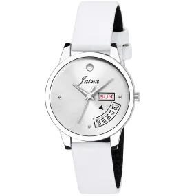 Silver Day & Date Function Genuine Leather Strap Analog Watch - For Women JW600