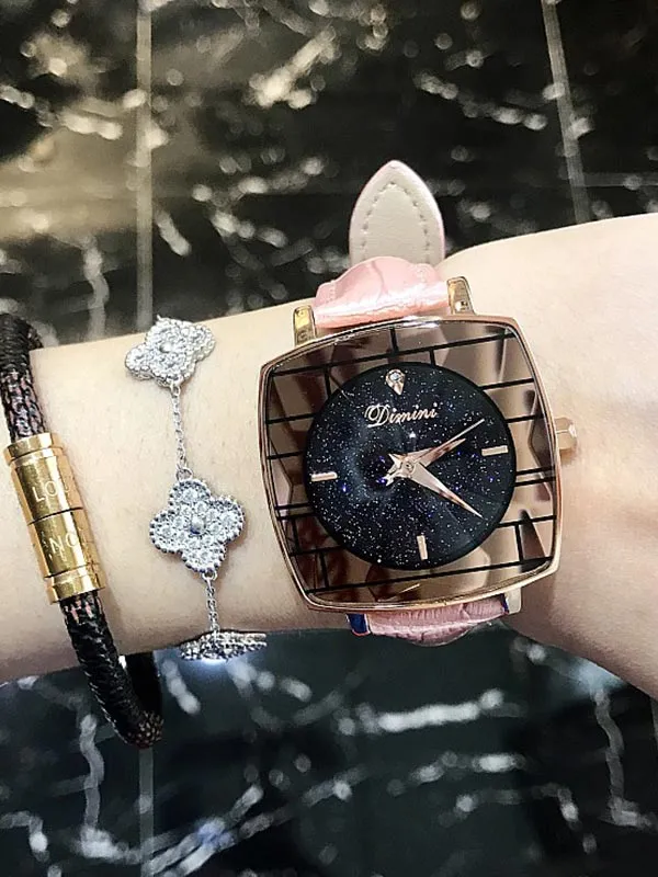 Starry Square Leather Strap Women's Watch