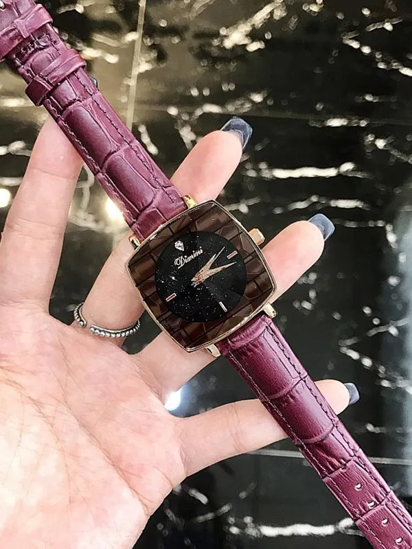 Starry Square Leather Strap Women's Watch