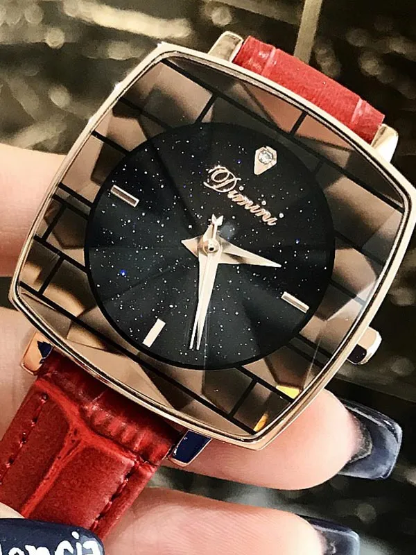 Starry Square Leather Strap Women's Watch