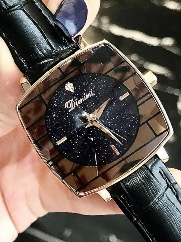 Starry Square Leather Strap Women's Watch