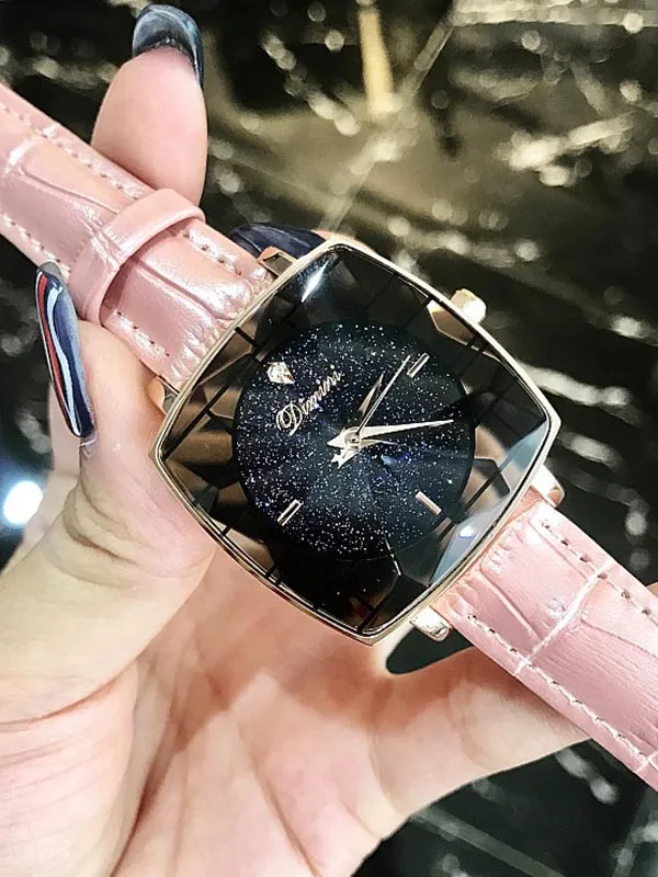 Starry Square Leather Strap Women's Watch