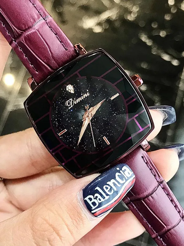 Starry Square Leather Strap Women's Watch