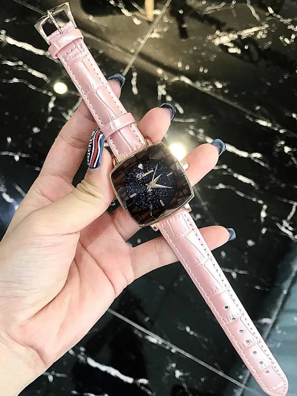 Starry Square Leather Strap Women's Watch