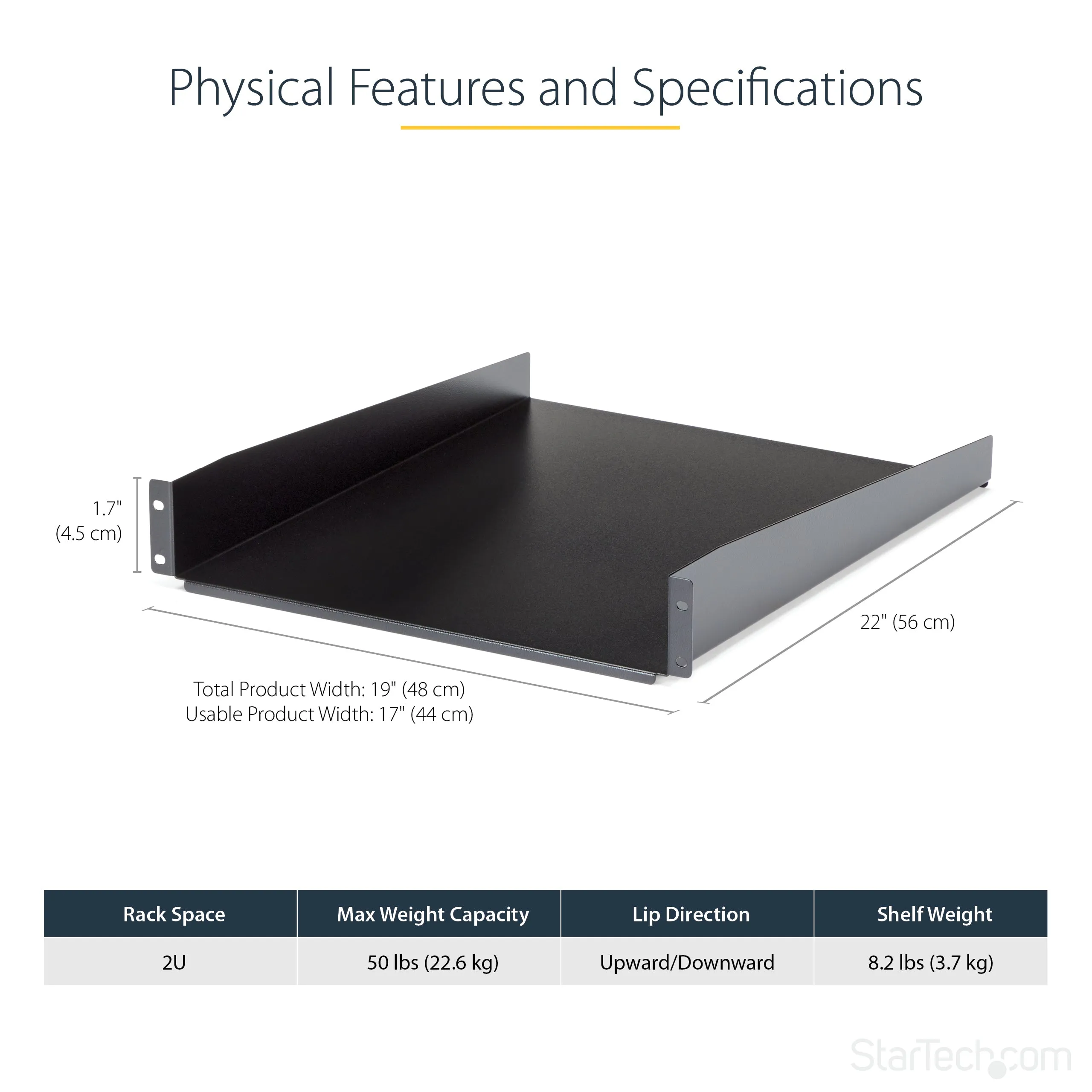 Startech.Com 2U Fixed Server Rack Mount Shelf - 22" Deep Steel Universal Cantilever Tray For 19" Av, Data, Network Equip