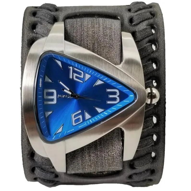 Teardrop Blue Watch with Weaved Distressed Black Leather Wide Cuff