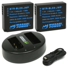 Wasabi Power DMW-BLE9 BLE9 7.2V (2 Pack) 1100mAh Battery and Dual Charger Kit with Power Indicators, USB Micro / Type-C Ports for Panasonic DMW-BLE9E DMW-BLE9PP DMW-BLG10 and Lumix DMC-GF3 GX9 G100 LX100 II ZS200 TZ95 Digital Camera