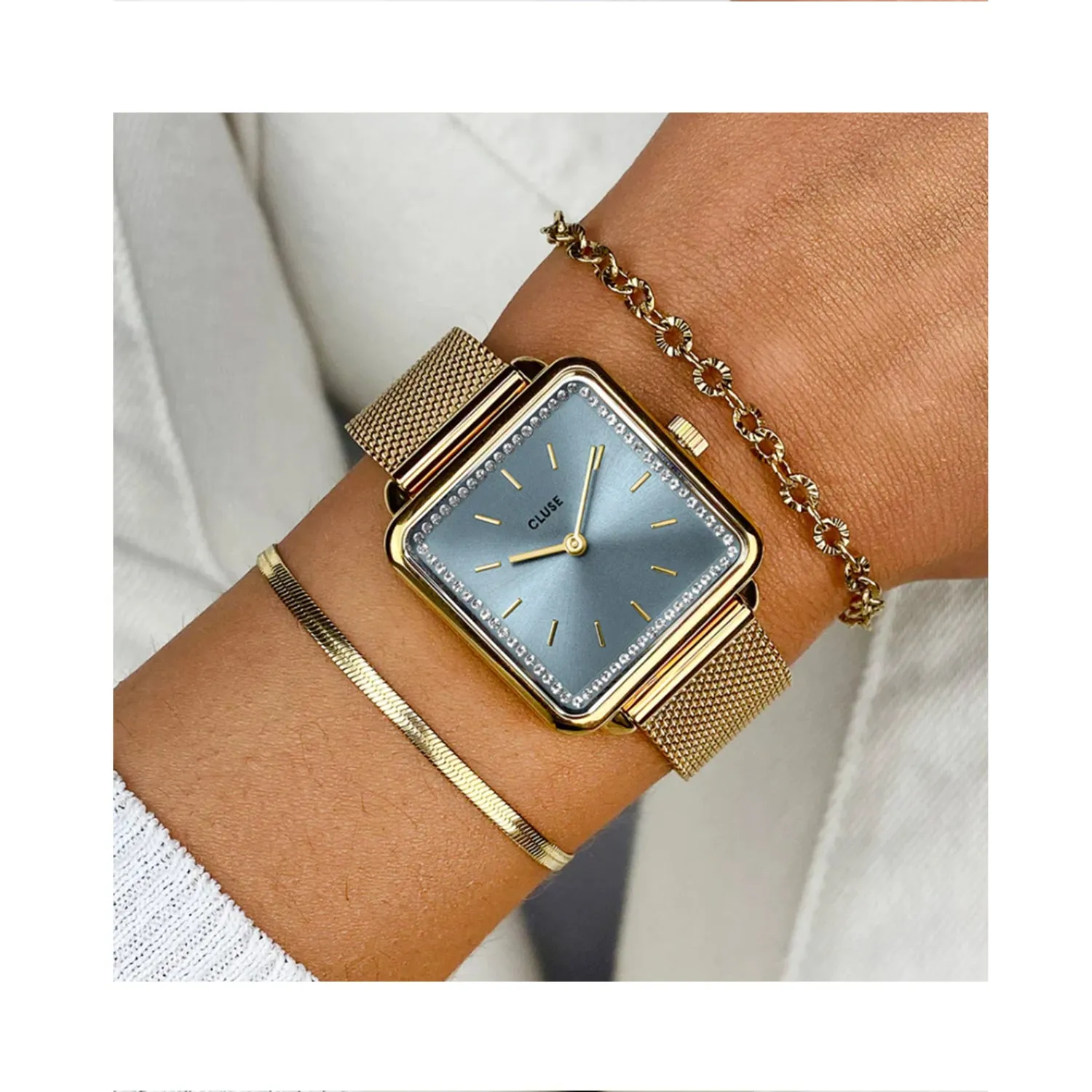 Watch - La Tetragone Gold Mesh Light Blue Stones