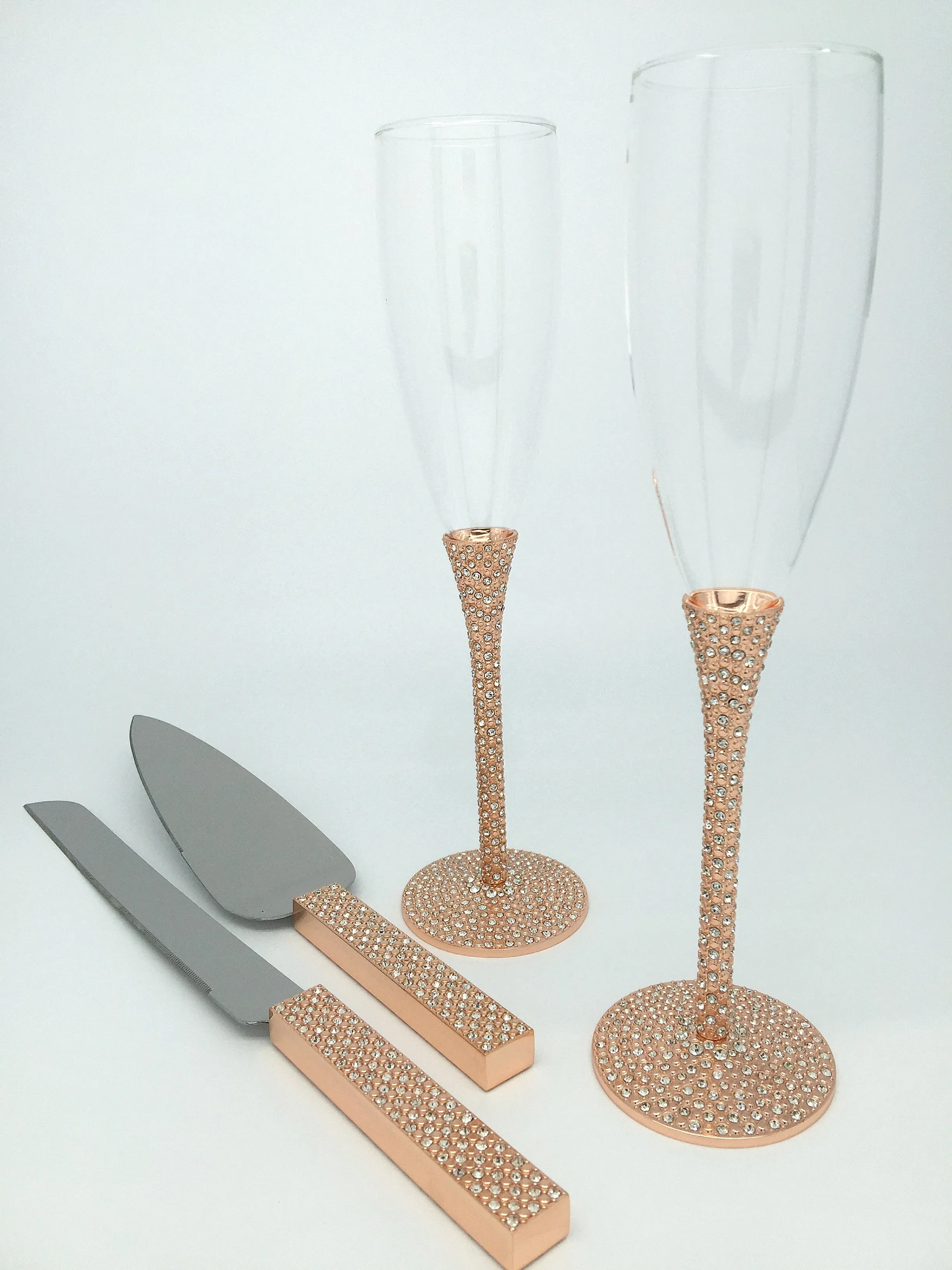 Wedding Champagne Glasses, Sparkling Czech Rhinestone Champagne Flutes, Toasting Glass and Knife Set