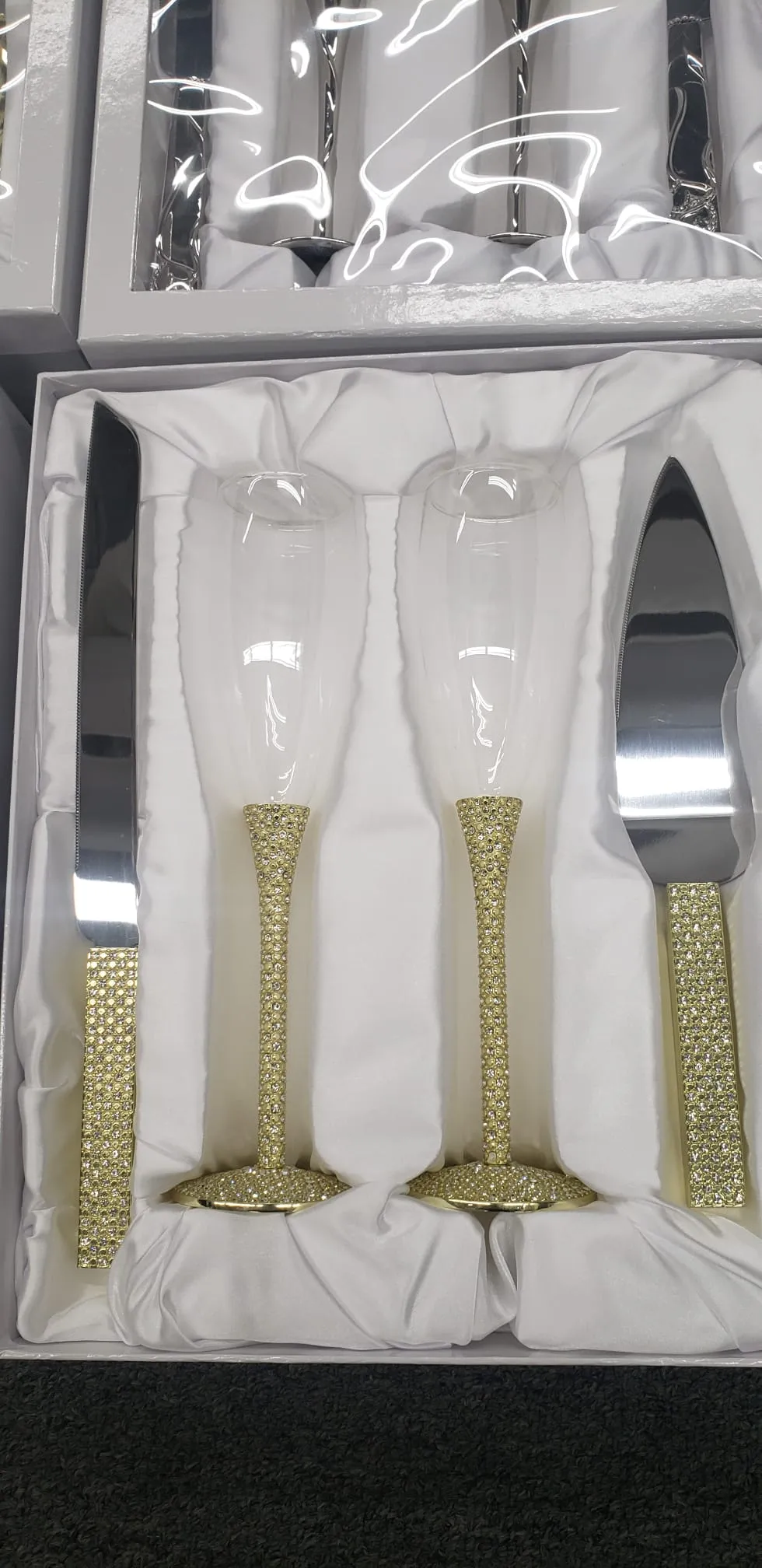 Wedding Champagne Glasses, Sparkling Czech Rhinestone Champagne Flutes, Toasting Glass and Knife Set