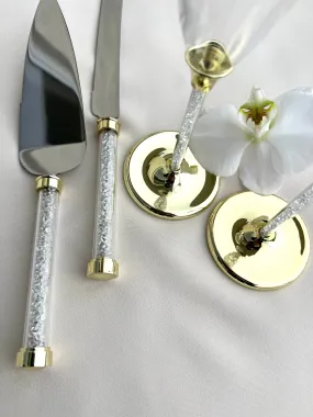 Wedding Glasses and Cake Server Set, Champagne Flutes, Toasting Glasses and Cake Cutting Set for Weddings and Special Occasions