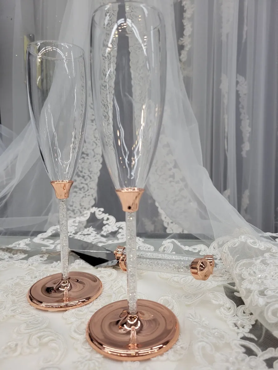 Wedding Glasses and Cake Server Set, Champagne Flutes, Toasting Glasses and Cake Cutting Set for Weddings and Special Occasions