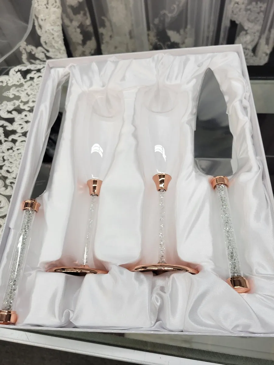 Wedding Glasses and Cake Server Set, Champagne Flutes, Toasting Glasses and Cake Cutting Set for Weddings and Special Occasions