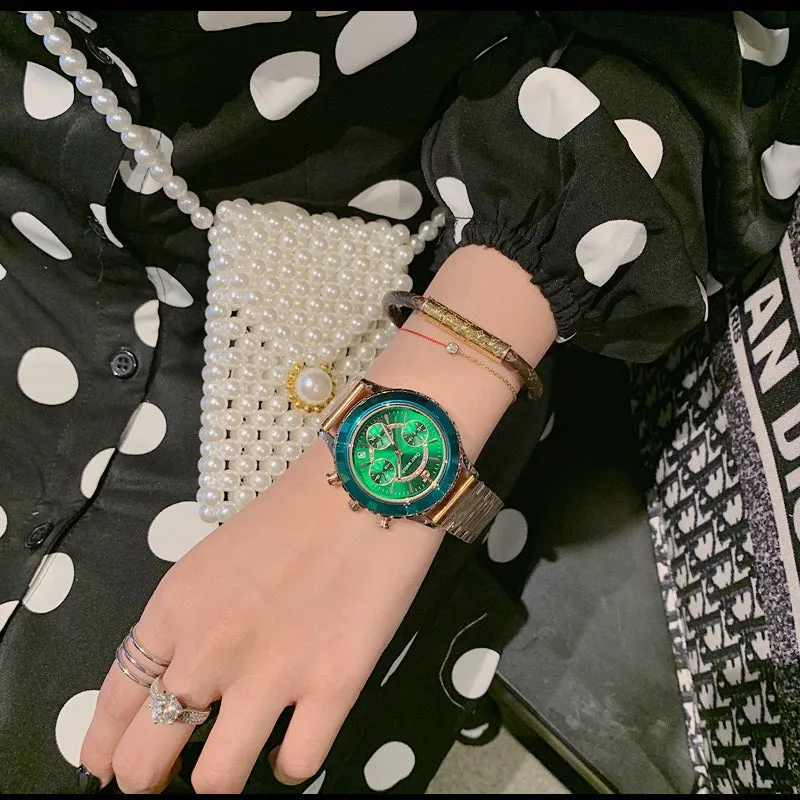 Women's Watch green large dial six-pointer stainless steel strap fashion quartz watch