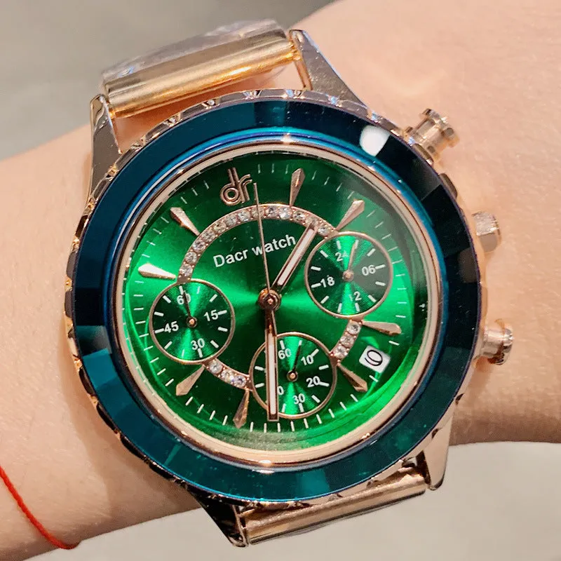 Women's Watch green large dial six-pointer stainless steel strap fashion quartz watch