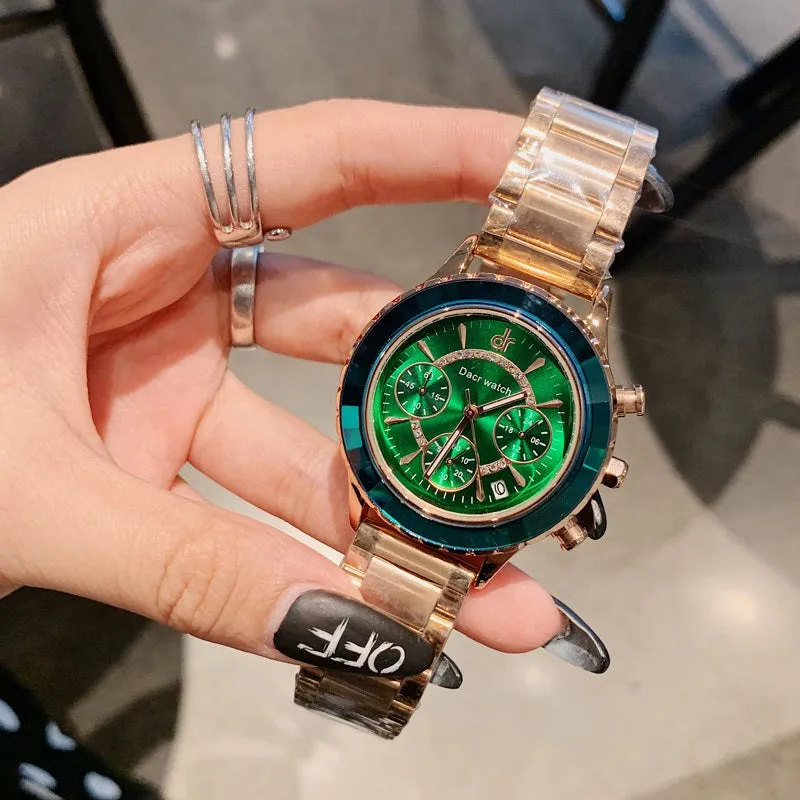 Women's Watch green large dial six-pointer stainless steel strap fashion quartz watch