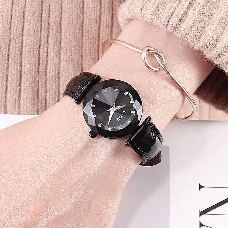 Women's Watch Individual Rhombus Mirror black large dial leather strap elegant watch