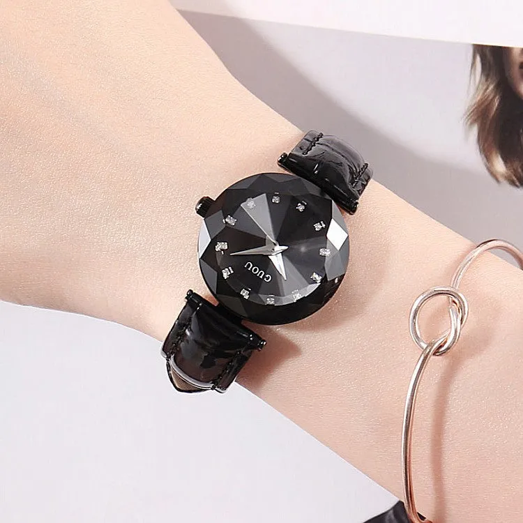 Women's Watch Individual Rhombus Mirror black large dial leather strap elegant watch