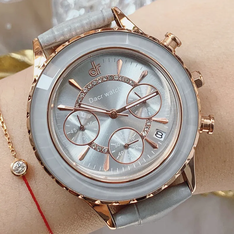 Women's Watch Refractive Mirror Surface Six-Pointer calendar large dial leather strap elegant watch