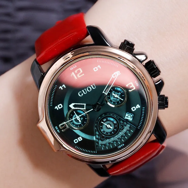 Women's Watch six-needle multi-functional Luminous round dial leather strap sport watch