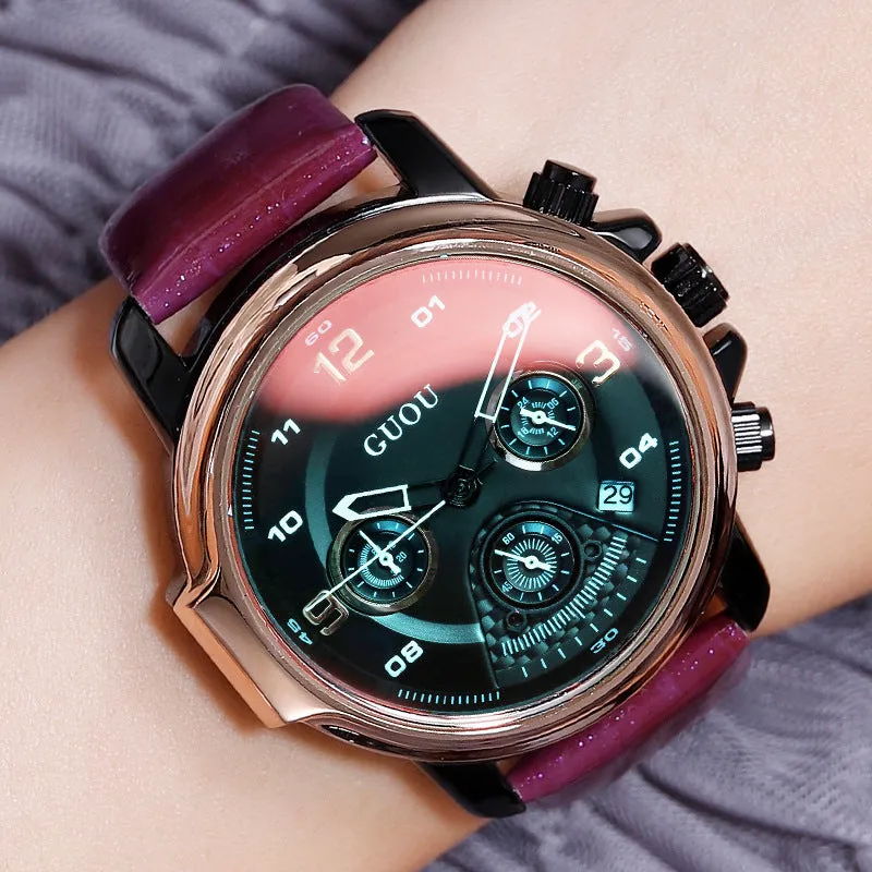 Women's Watch six-needle multi-functional Luminous round dial leather strap sport watch