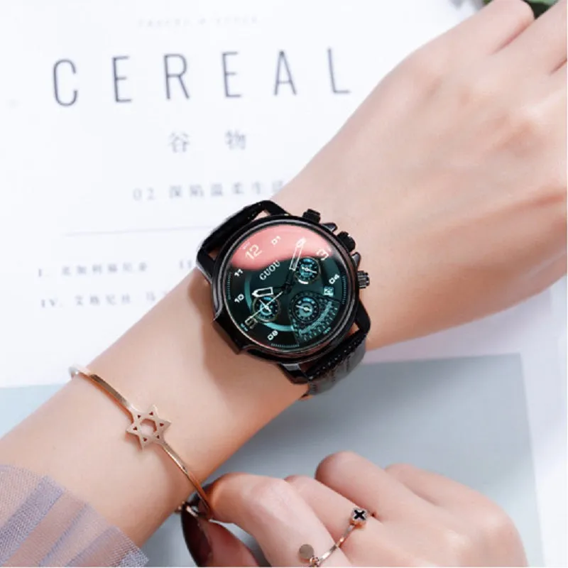 Women's Watch six-needle multi-functional Luminous round dial leather strap sport watch