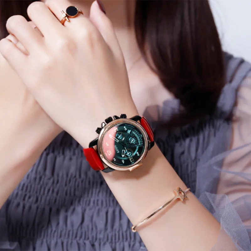 Women's Watch six-needle multi-functional Luminous round dial leather strap sport watch