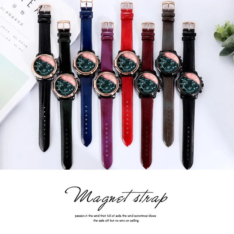 Women's Watch six-needle multi-functional Luminous round dial leather strap sport watch