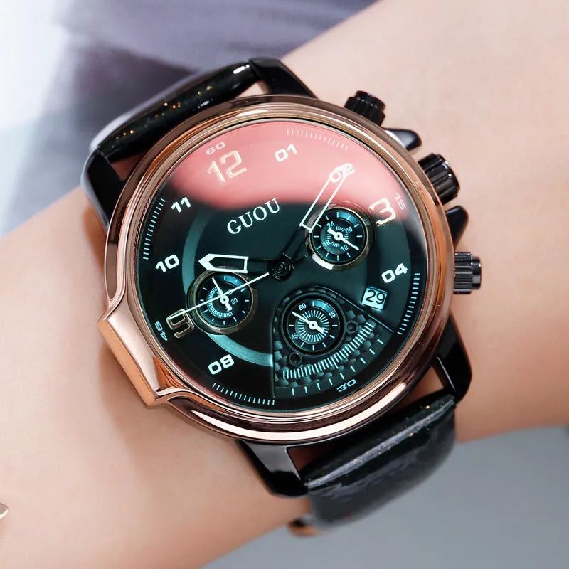 Women's Watch six-needle multi-functional Luminous round dial leather strap sport watch