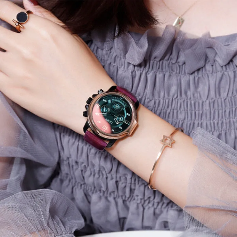 Women's Watch six-needle multi-functional Luminous round dial leather strap sport watch