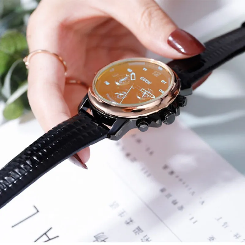 Women's Watch six-needle multi-functional Luminous round dial leather strap sport watch