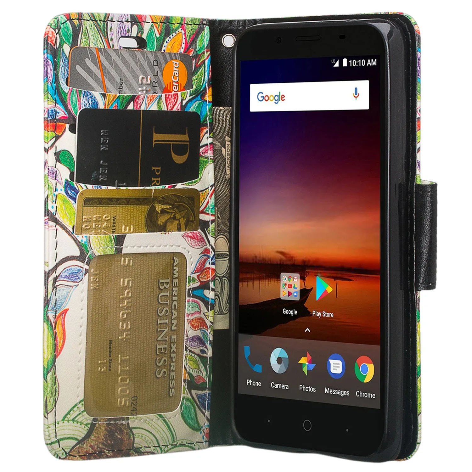 ZTE Tempo X Case, Tempo Go, Blade Vantage, Avid 4, ZFive C, ZFive G, N9137, Z557BL, Z558VL, Slim Flip Fold [Kickstand] Faux Leather Wallet Cover w/ Slots & Pocket   Wrist Strap - Vibrant Tree