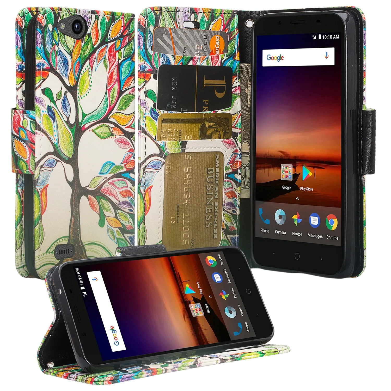 ZTE Tempo X Case, Tempo Go, Blade Vantage, Avid 4, ZFive C, ZFive G, N9137, Z557BL, Z558VL, Slim Flip Fold [Kickstand] Faux Leather Wallet Cover w/ Slots & Pocket   Wrist Strap - Vibrant Tree