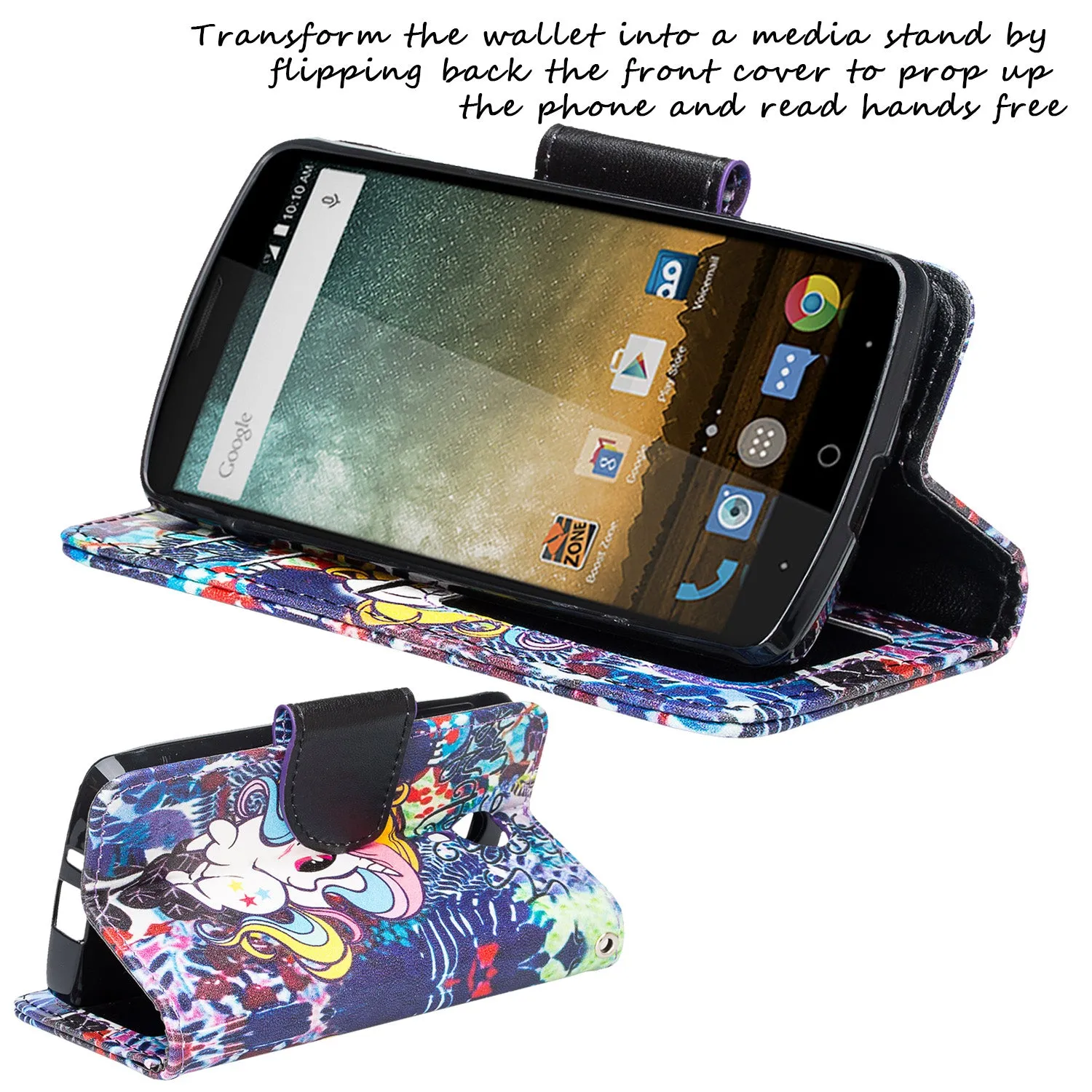 ZTE Ultra Case | ZTE Quest | ZTE Uhura Case, Wrist Strap Magnetic Flip Fold[Kickstand] Pu Leather Wallet Case with ID & Credit Card Slots for ZTE Ultra/Quest/Uhura - Rainbow Unicorn