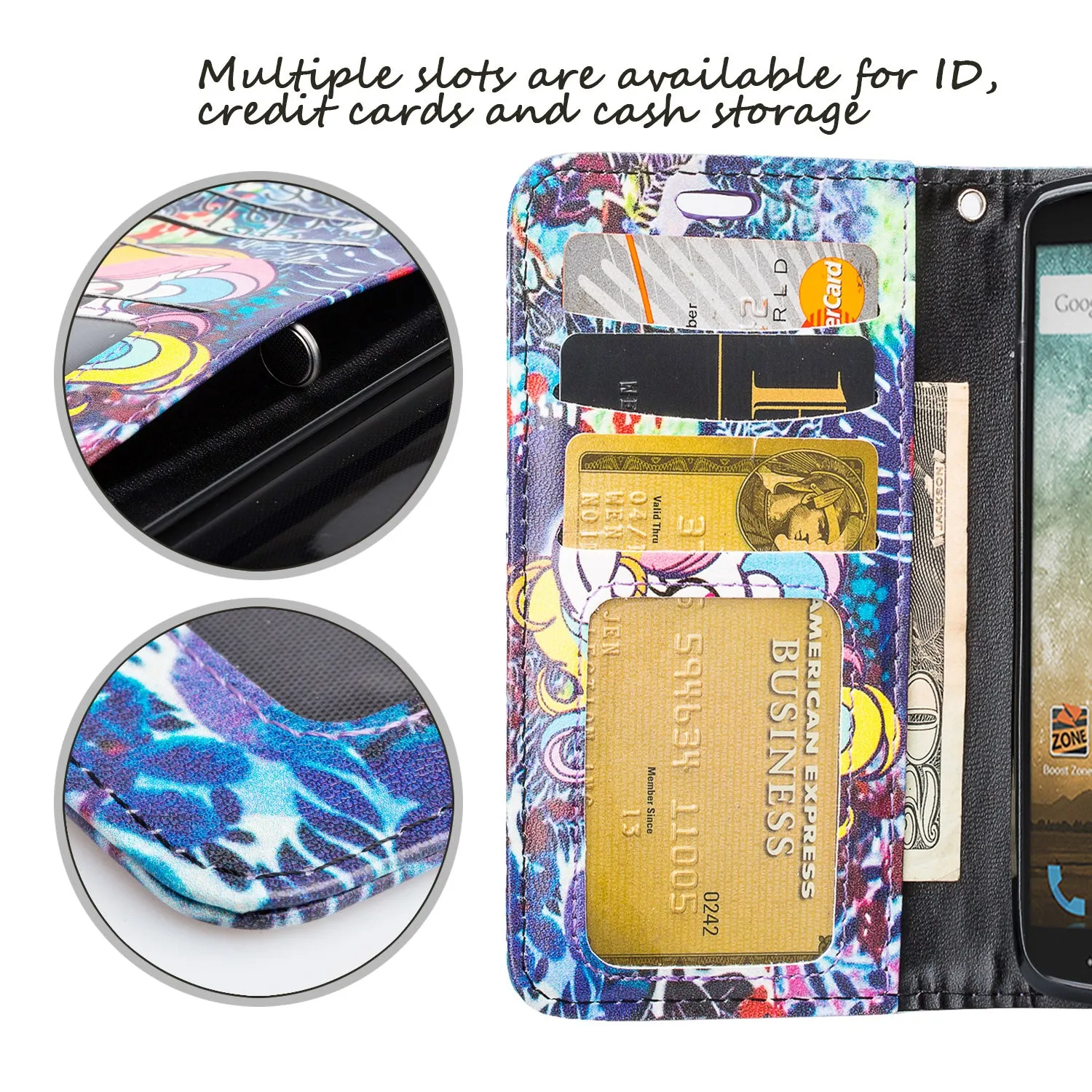 ZTE Ultra Case | ZTE Quest | ZTE Uhura Case, Wrist Strap Magnetic Flip Fold[Kickstand] Pu Leather Wallet Case with ID & Credit Card Slots for ZTE Ultra/Quest/Uhura - Rainbow Unicorn